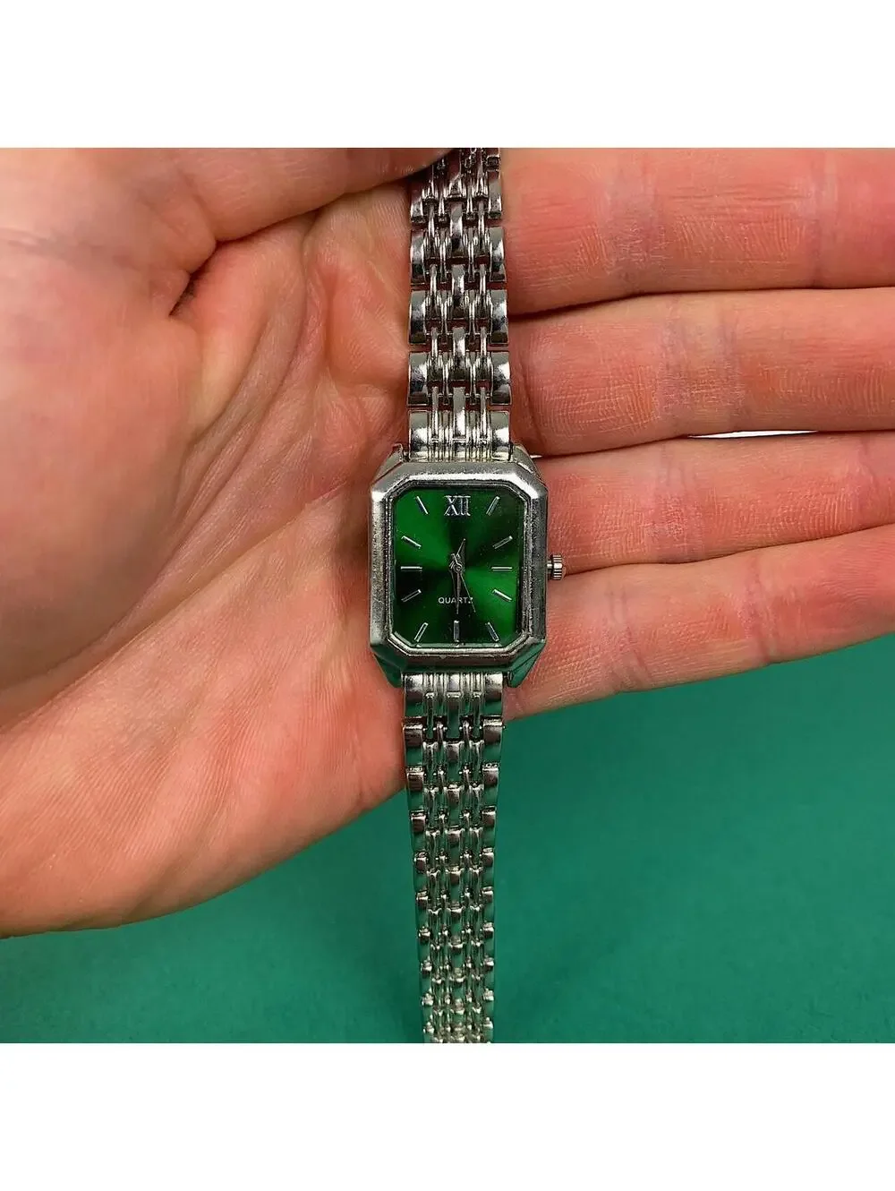 Y2K 2000s Vintage Minimalist Classy Stainless Steel Rectangular Green Face Watch